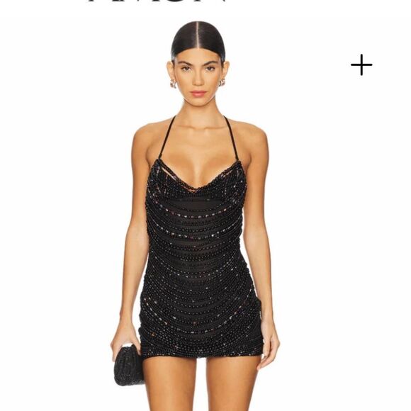 Leslie Amon Black Beaded Backless Dress Floating Pearl Mini Revolve M - Picture 1 of 16